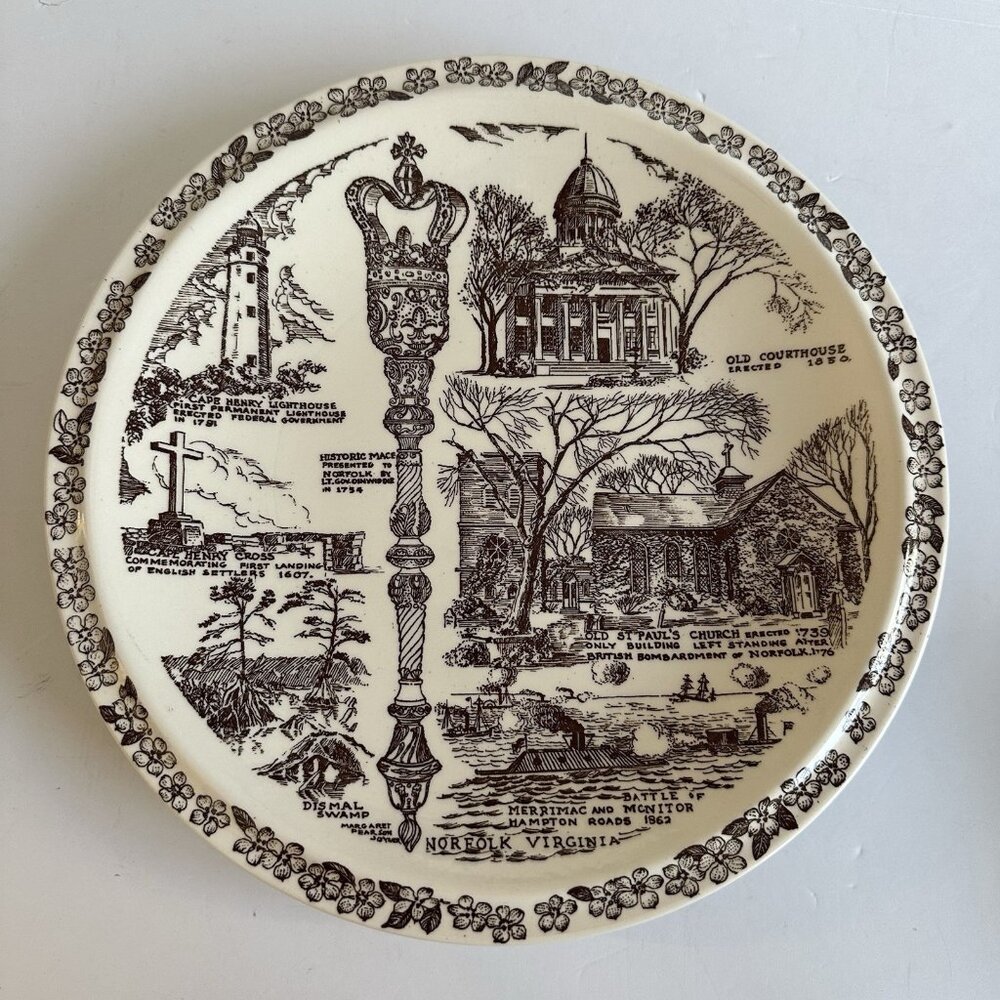Vintage Vernon Kilns 10 1/4” Norfolk Virginia Tidewater Collector Plate Brown‎